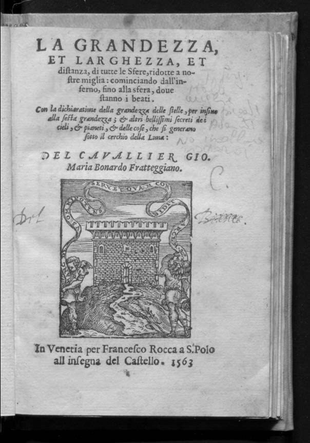 La *grandezza, et larghezza, et distanza, di tutte le sfere. - In Venetia : per Francesco Rocca, 1563. - [32], 63, [1] p. ; 8°